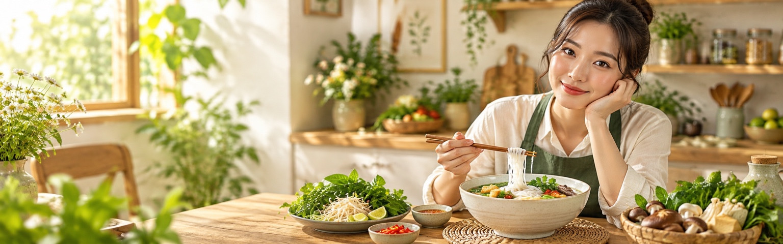 Ảnh hero người phụ nữ bên bát phở trong căn bếp sáng