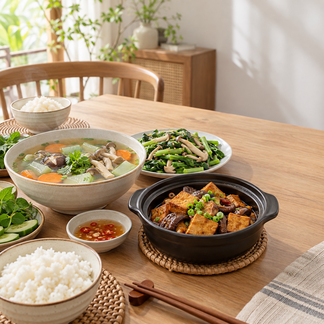 Ảnh minh họa: Mâm cơm Việt với canh, rau, đậu phụ trong bát nồi quen thuộc