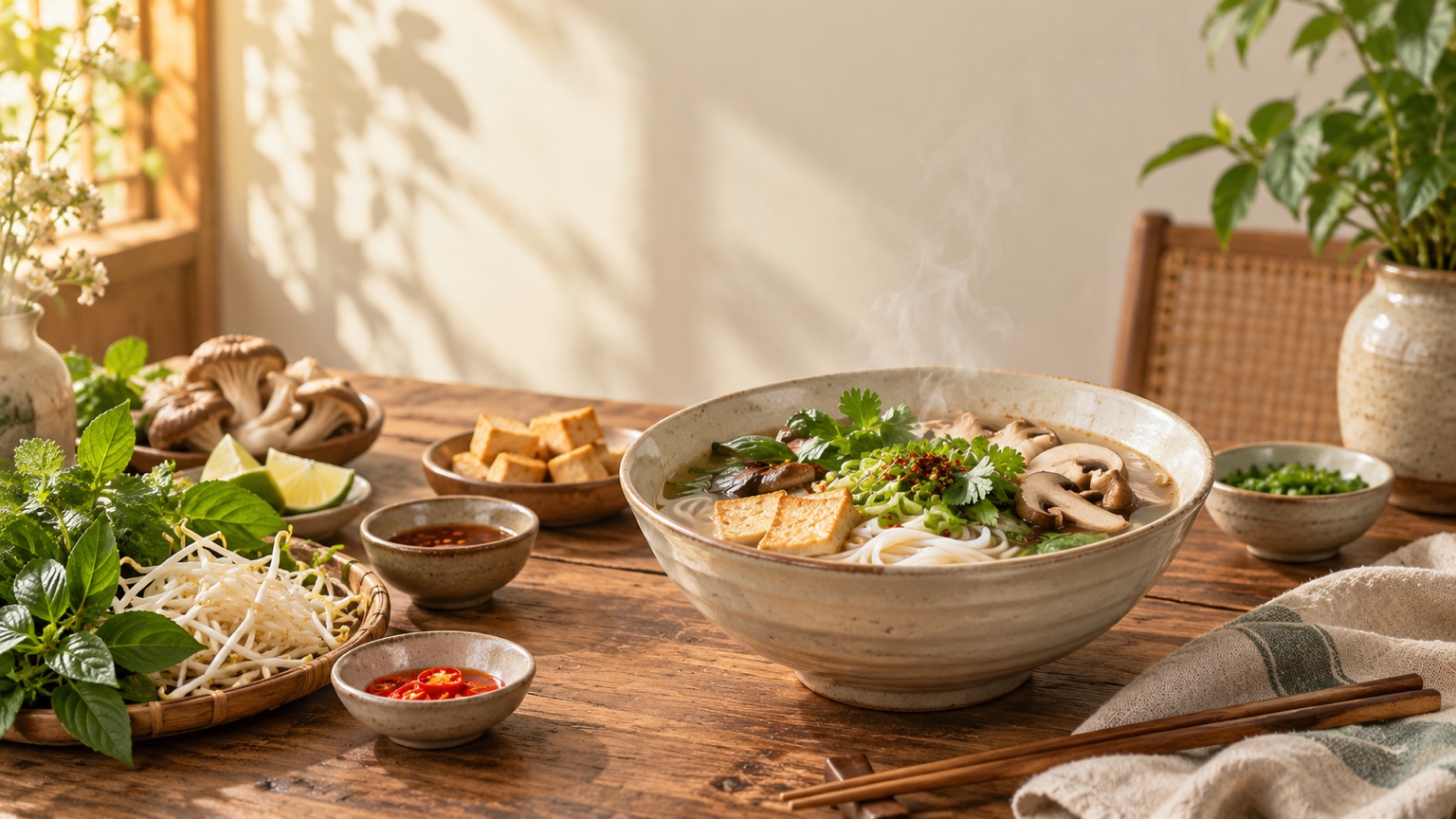 Ảnh minh họa: Bát món sợi nóng, nấm, thảo mộc và bàn gỗ sáng