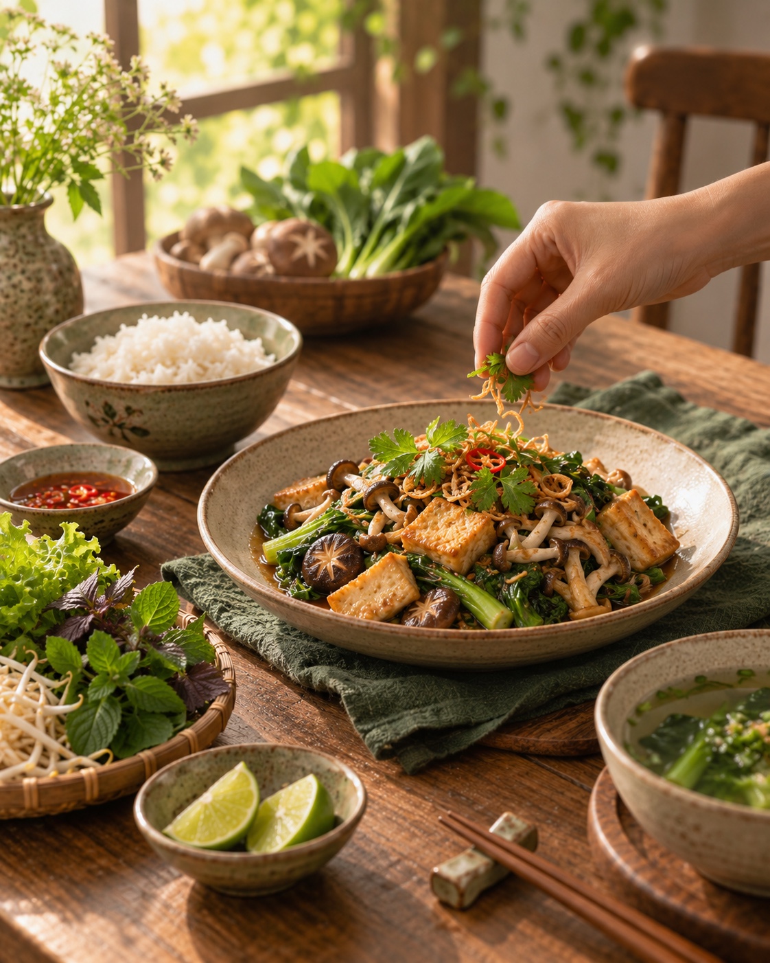 Ảnh minh họa: Cận đĩa nấm/đậu phụ và bàn tay hoàn thiện món