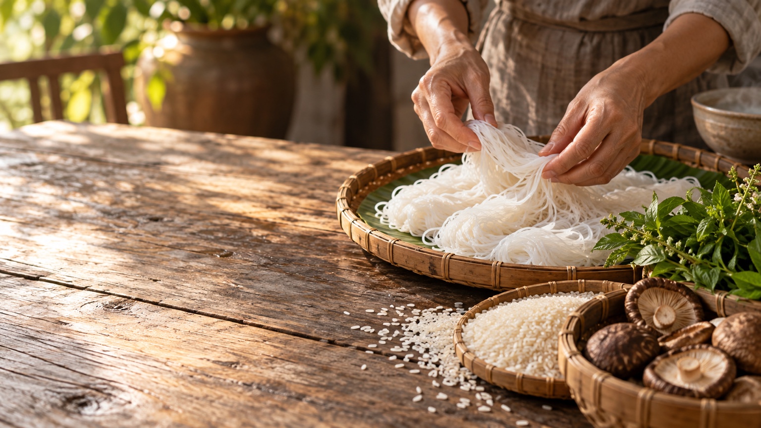 Ảnh minh họa: Bàn tay xử lý sợi gạo, bên cạnh có gạo và nấm