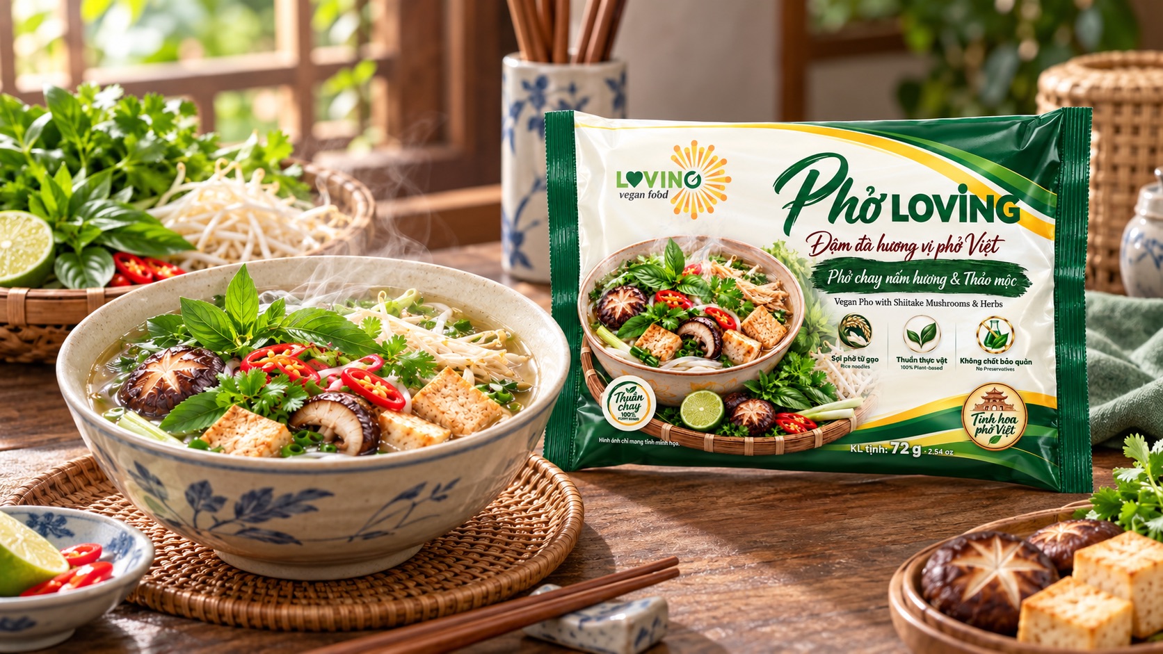 Ảnh minh họa: Bát phở và gói Phở Loving 72g cùng hiện rõ