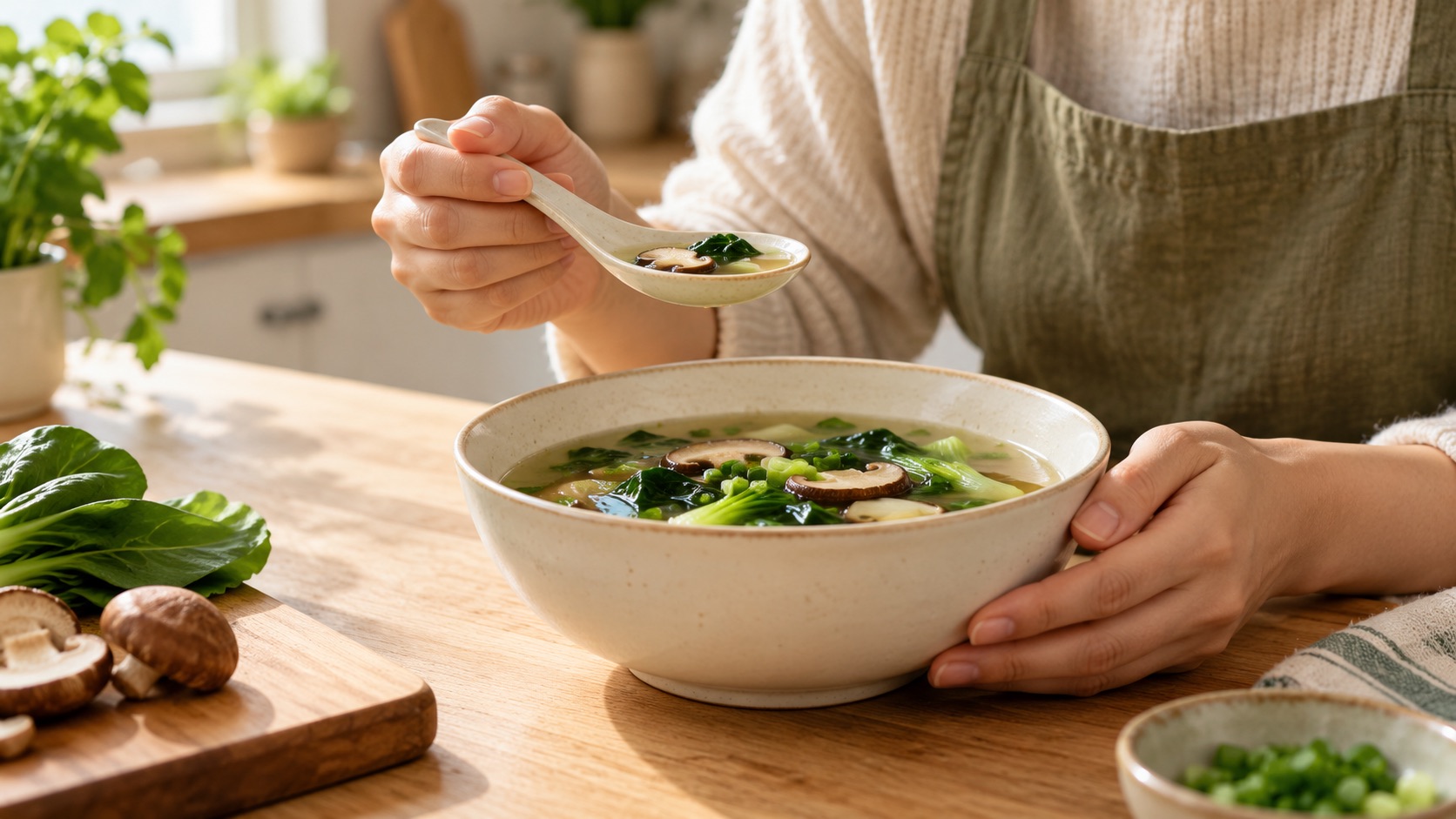 Hình minh họa một người ẩn danh chăm chút bát canh rau và nấm trong căn bếp gia đình