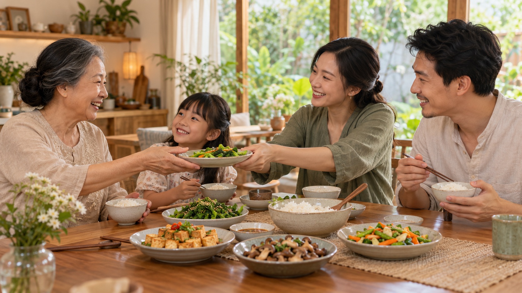 Gia đình ba thế hệ cùng chia sẻ bữa ăn từ thực vật