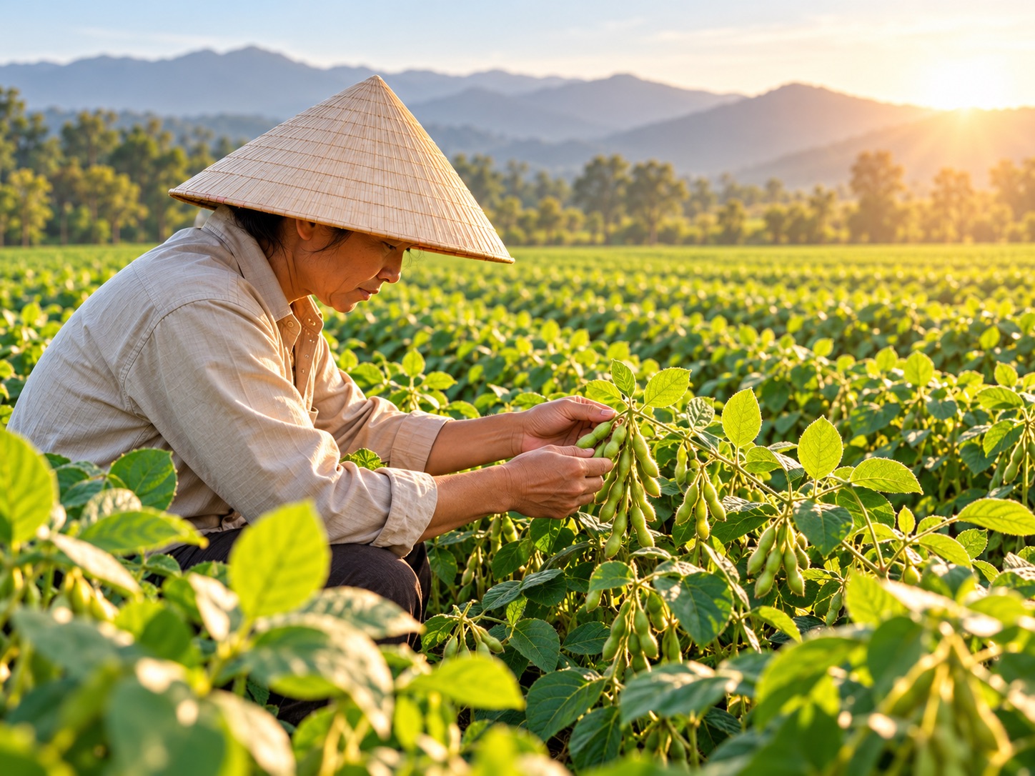 Hình minh họa người chăm sóc cây đậu nành ngoài đồng