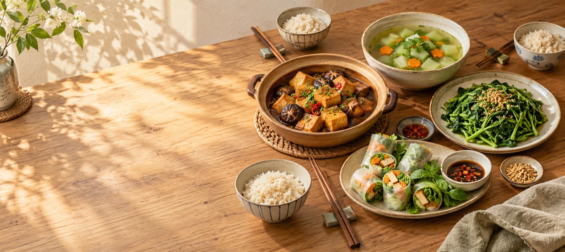 Bữa cơm thực vật dùng chung với đậu kho, canh rau, rau xào và món cuốn