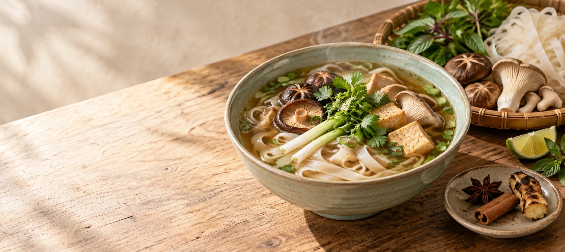 Tô phở từ thực vật bên nấm, sợi phở, rau thơm và gia vị quen