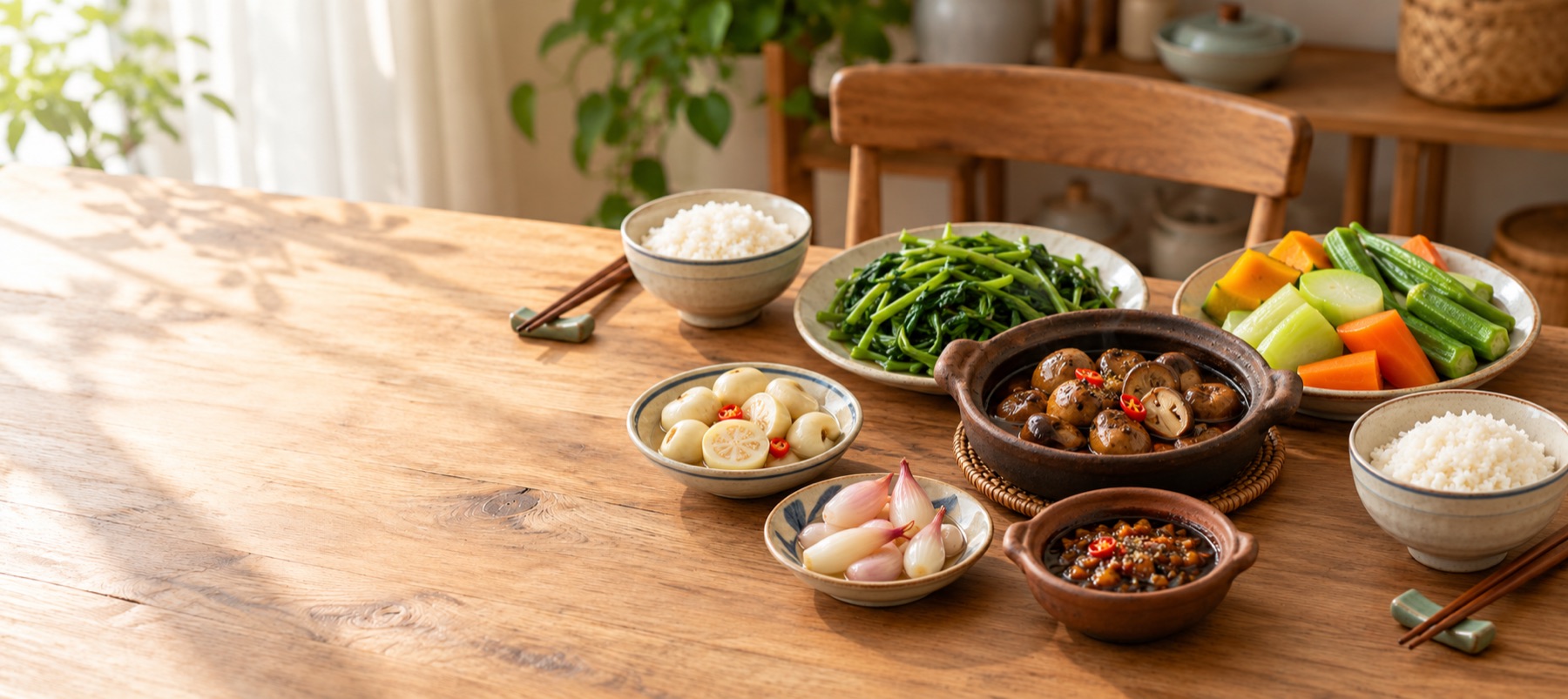 Ảnh minh họa mâm cơm quê với cà muối, dưa hành, rau muống luộc, nấm kho tộ và rau củ chấm kho quẹt chay
