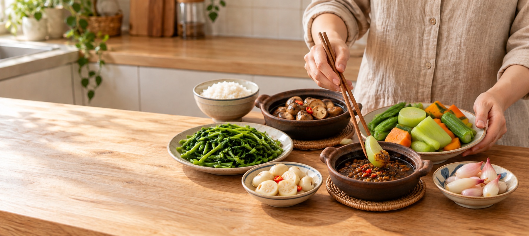 Ảnh minh họa gắp rau củ luộc chấm kho quẹt chay bên mâm cơm quê với cà muối, dưa hành, rau muống và nấm kho tộ