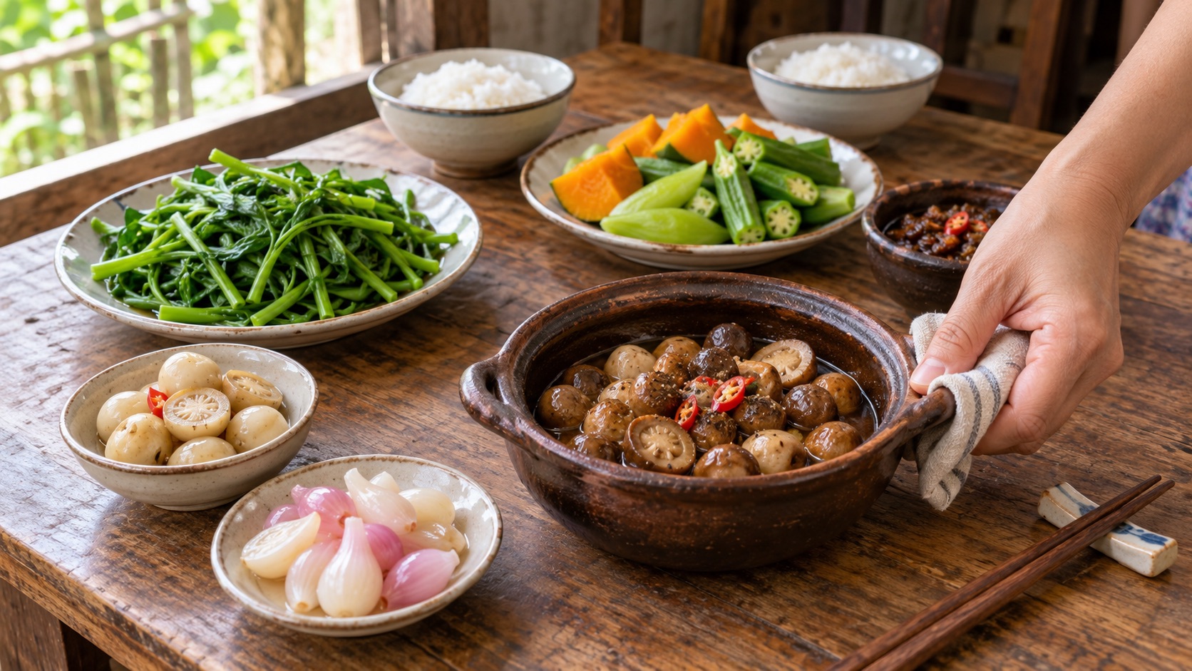 Hình minh họa bàn tay đặt thêm niêu nấm rơm kho vào bữa cơm quê với rau, cà muối và dưa hành