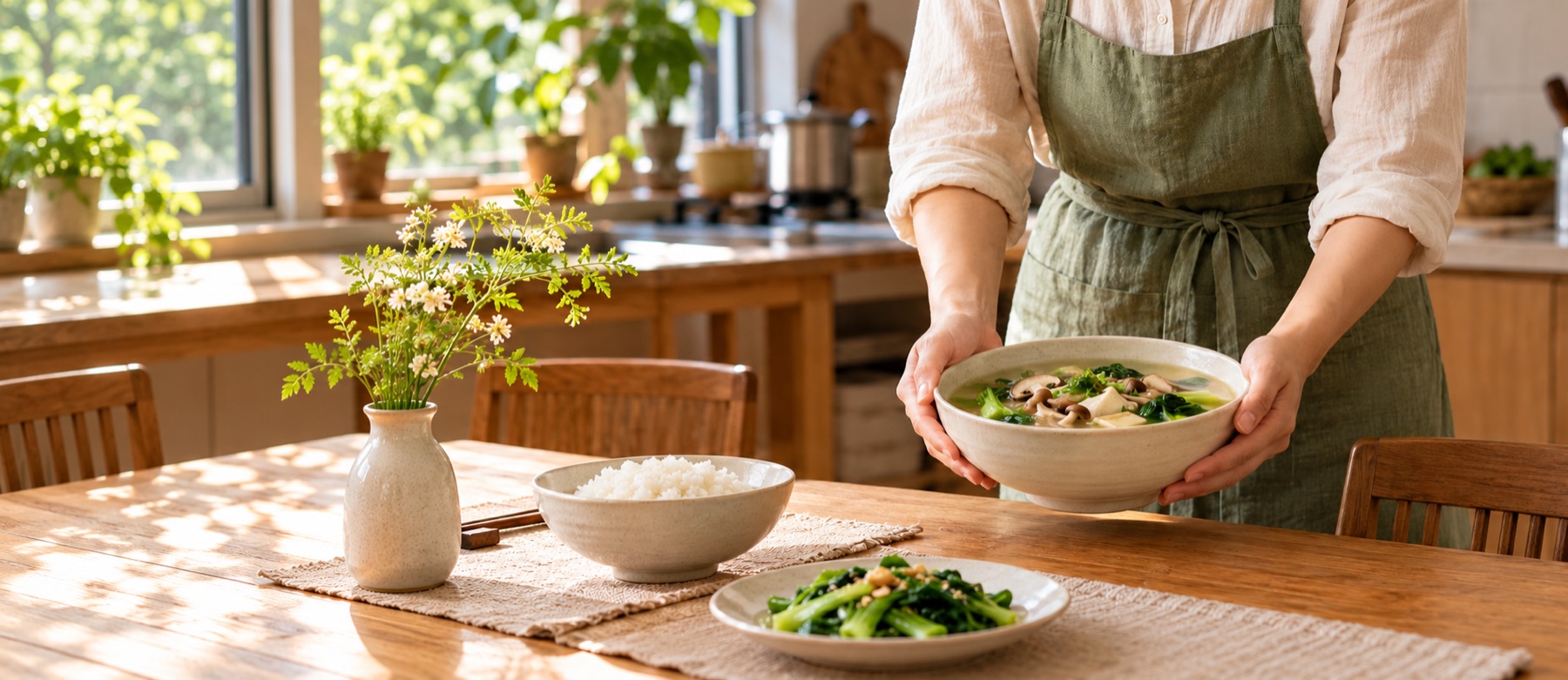 Một người mang bát canh rau và nấm từ gian bếp đến bàn ăn